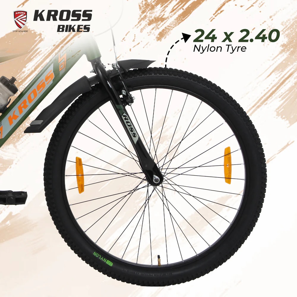 Kross K 2.0 24T MTB Cycle – Army Green | Steel Frame | V-Brake | 24 x 2.40 Tyres