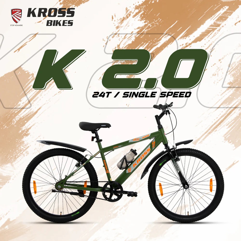 Kross K 2.0 24T MTB Cycle – Army Green | Steel Frame | V-Brake | 24 x 2.40 Tyres
