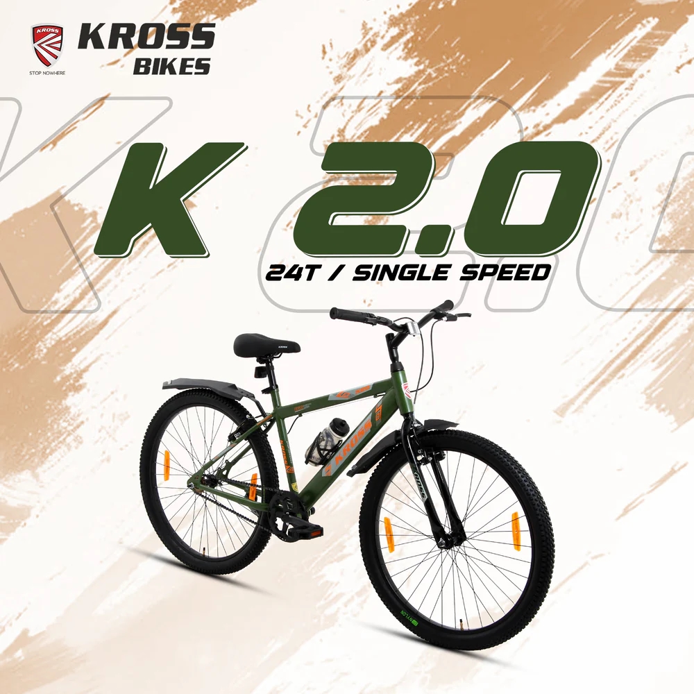Kross K 2.0 24T MTB Cycle – Army Green | Steel Frame | V-Brake | 24 x 2.40 Tyres